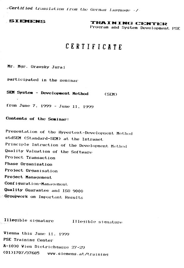 Standard System Development Method in Siemens Corporation Certificate in English